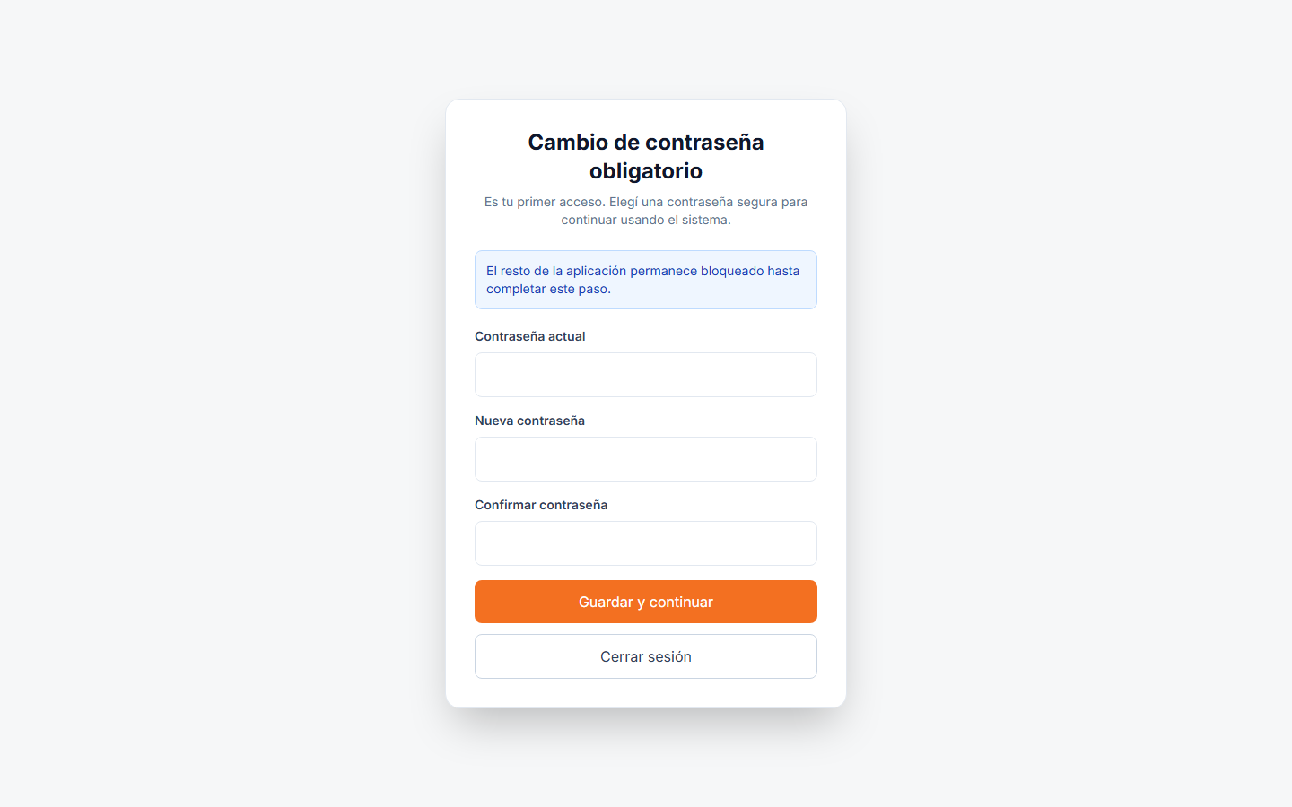 Pantalla de cambio de contraseña obligatorio en primer acceso