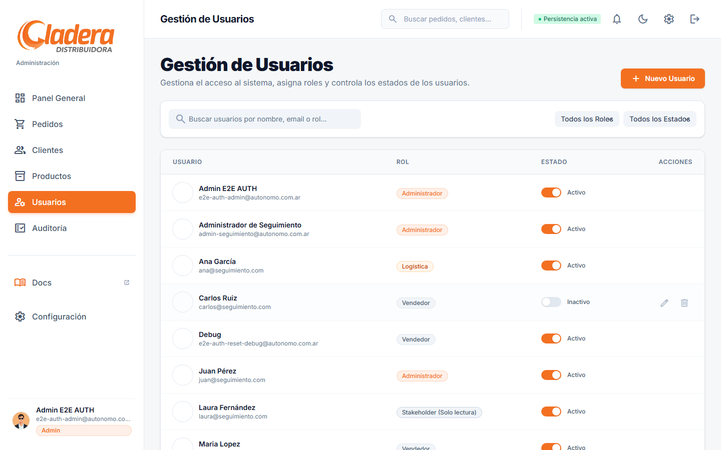 Vista de Gestión de Usuarios con botón Nuevo Usuario