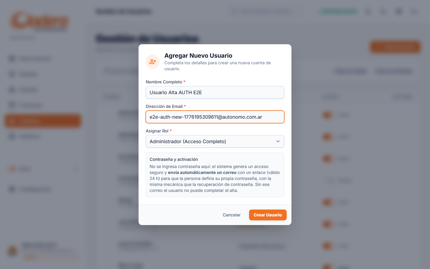 Formulario de creación de usuario sin campo de contraseña