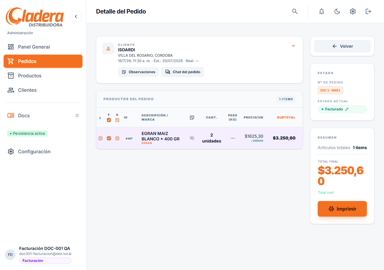 Modal cambio estado — Facturación en pedido Facturado