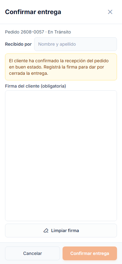 Modal Confirmar entrega con Recibido por, canvas de firma y Limpiar firma