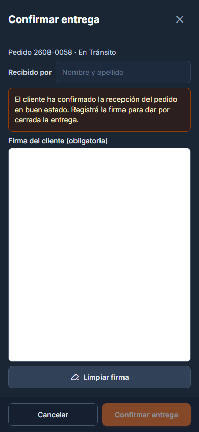 Modal Confirmar entrega en tema oscuro con paridad de canvas