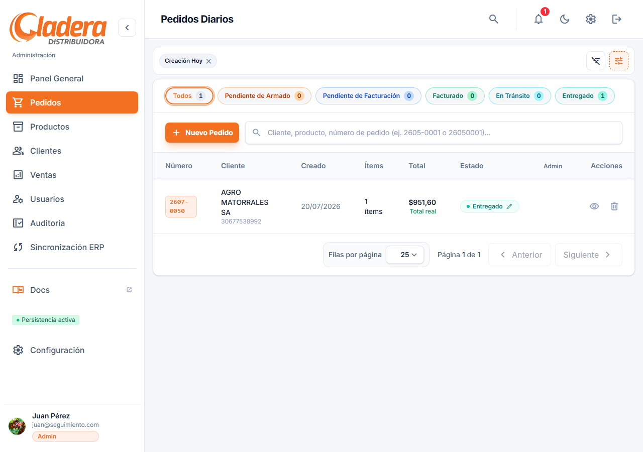 Listado pedidos — acción nuevo pedido