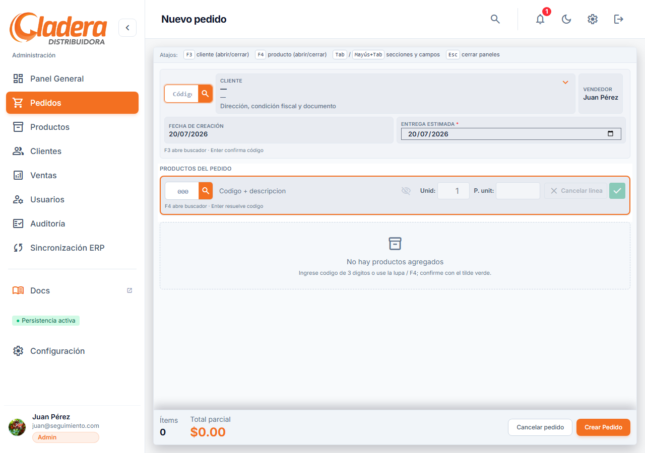 Formulario crear pedido — cliente