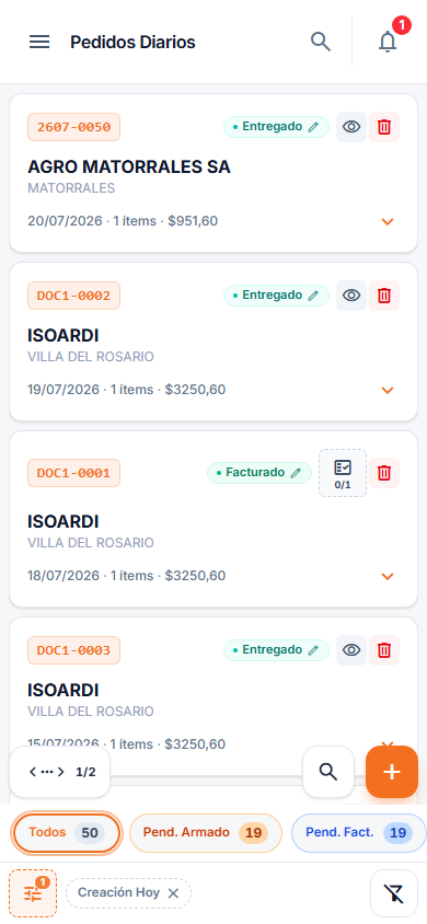 Listado pedidos mobile