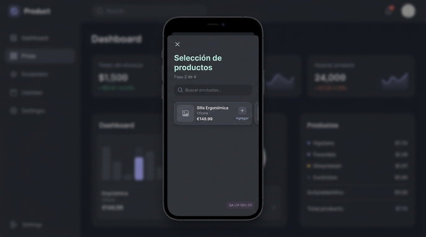 Paso 2 de 4 del wizard mobile con selección de productos y buscador