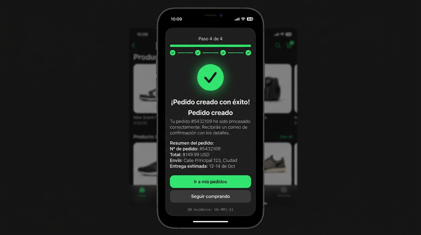 Pantalla mobile de éxito del wizard de pedido en paso 4 de 4