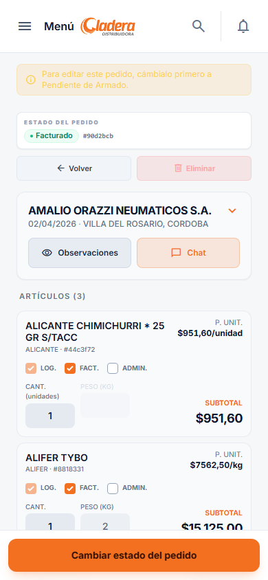 Detalle de pedido en móvil: estado del pedido arriba y fila de acciones Volver, Editar y Eliminar debajo