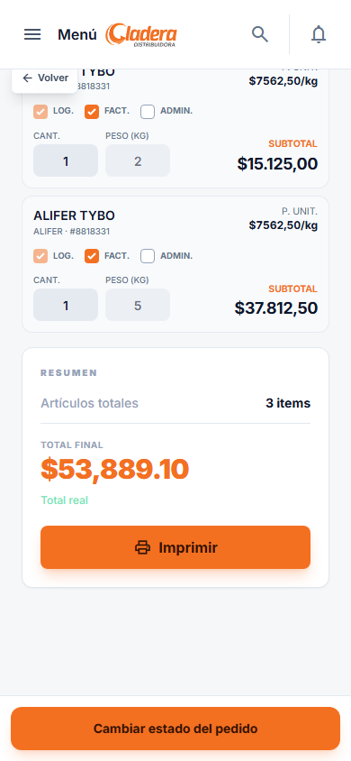 Zona de resumen y total final del pedido visible sobre la barra de acciones inferior en móvil