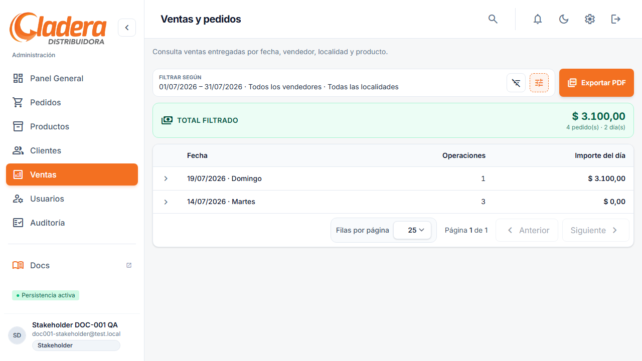 Vista Ventas — filtros, Localidad y expandir fechas