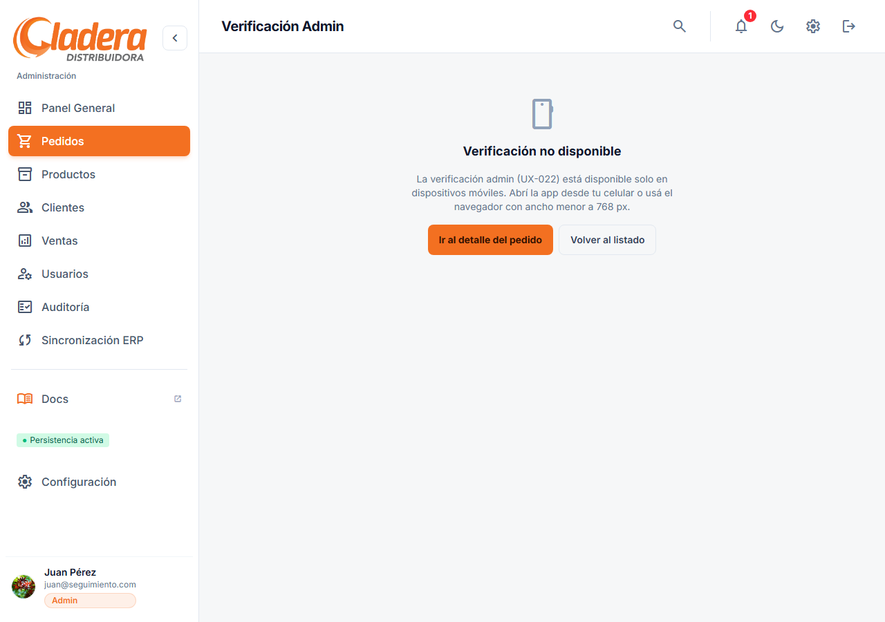 Verificación admin — aviso solo mobile en desktop